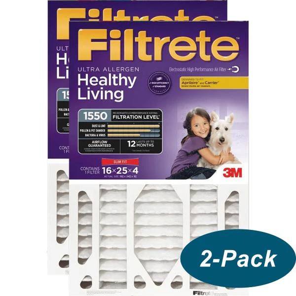 3M Filtrete Allergen Reduction Deep Pleat Filter 4" Slim Fit, 16X25X4,2-pack (NEW)