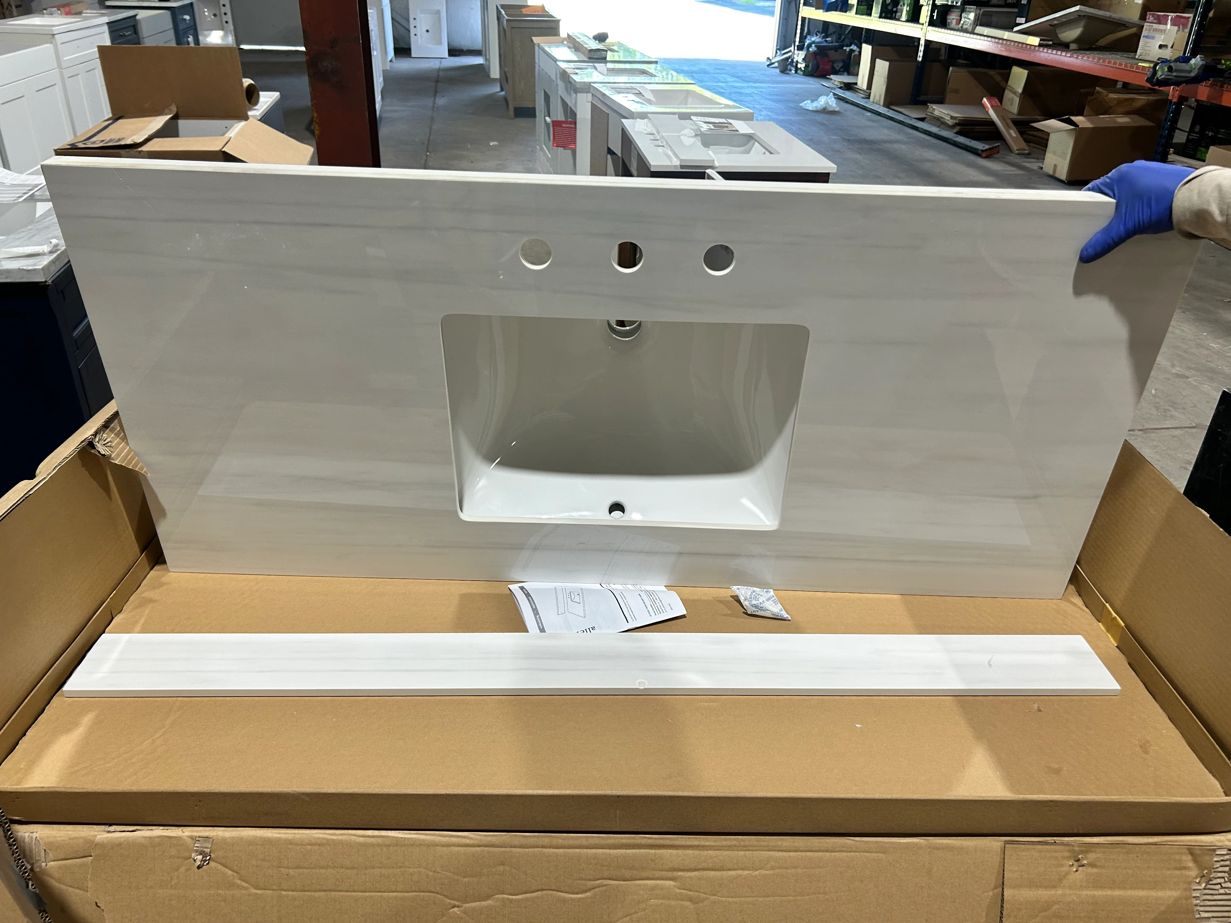 allen + roth Dolomiti Bianco 49-in x 22-in White Sintered Stone Undermount Single Sink Widespread Faucet Mount Bathroom Vanity Top (damaged) - Image 3