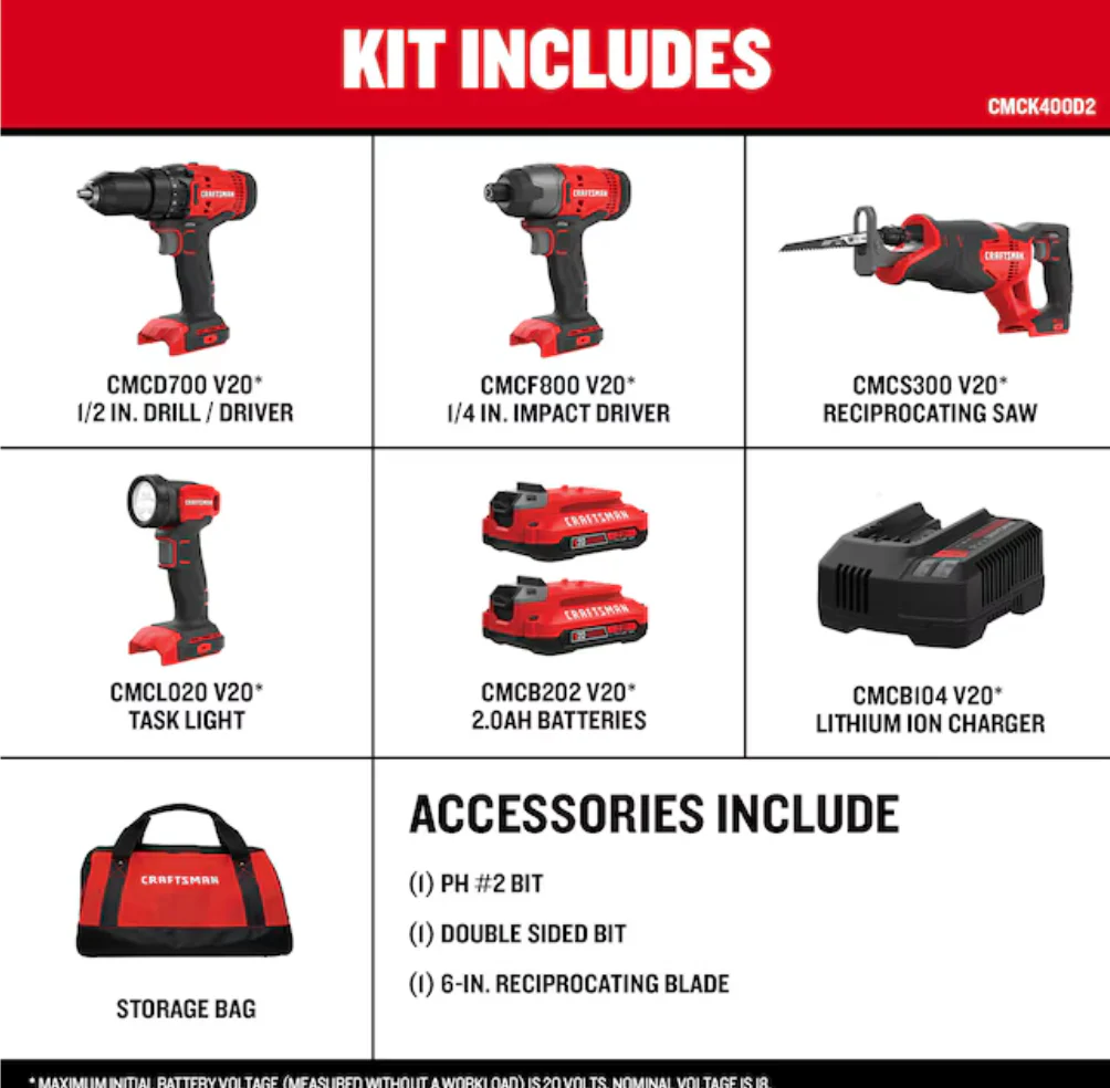 CRAFTSMAN V20 20-volt Max 4-Tool Power Tool Combo Kit with Soft Case (2-Batteries and Charger Included) (OPEN BOX) - Image 2