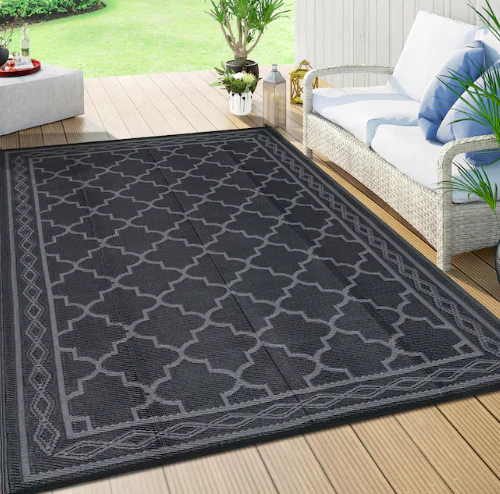 Garvee 8 x 10 ft Plastic Black and Gray Rectangular Beach Front Porches Patio Picnic RV Camping Garage Rhomb Border Modern Moroccan Area Rug (new) - Image 2