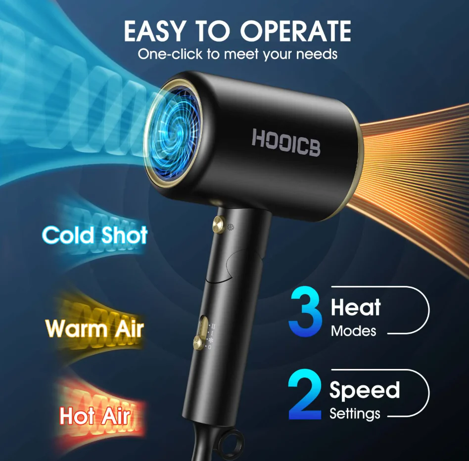 HOOICB Hair Dryer, Professional Ionic Blow Dryer with Diffuser and Concentrator Nozzle, Foldable Design, Fast Drying and Styling, Black (new) - Image 3