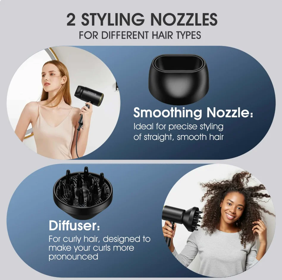 HOOICB Hair Dryer, Professional Ionic Blow Dryer with Diffuser and Concentrator Nozzle, Foldable Design, Fast Drying and Styling, Black (new) - Image 4